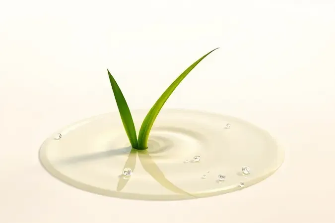 Render 3D de folha saudável emergindo de sérum cristalino simbolizando os benefícios naturais da progressiva sem formol.