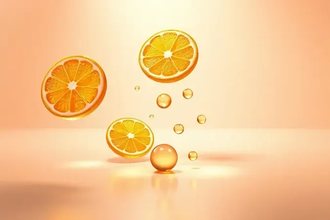 Benefícios da vitamina C para a pele com frutas cítricas e sérum dourado em render 3D conceitual
