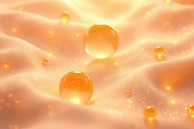 Render 3D de esferas de vitamina C e partículas douradas sobre textura de pele iluminada representando benefícios antioxidantes