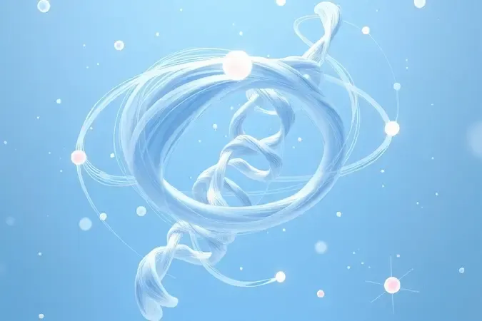 Render 3D conceitual de estrutura molecular e fios capilares representando biotecnologia em cosméticos.