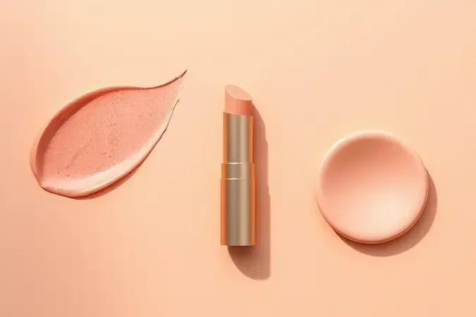 Render 3D conceitual de blush em bastão multiuso com aplicações artísticas como sombra nos olhos, batom e blush nas maçãs do rosto.