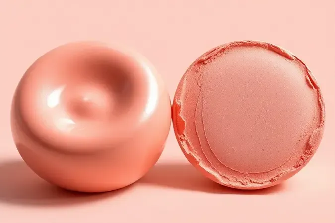 Comparação conceitual entre texturas de blush cremoso e em pó sobre superfície limpa, com acabamentos complementares em tons rosados.