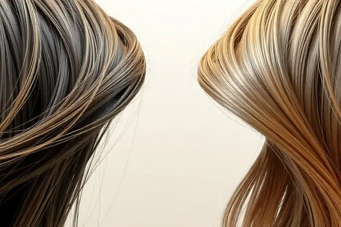 Render 3D comparando fios de cabelo danificados e saudáveis em fundo neutro