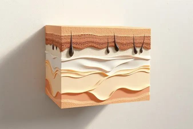 Renderização 3D conceitual das camadas da pele em corte transversal ilustrando o processo de envelhecimento cutâneo com fibras de colágeno.