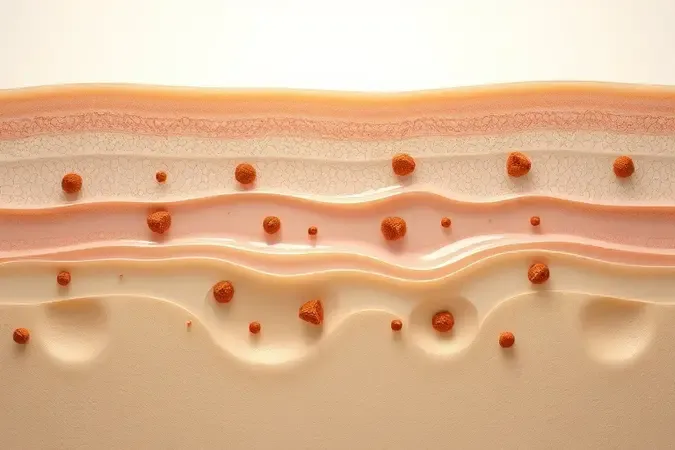 Representação 3D das camadas da pele com depósitos de melanina causando hiperpigmentação e manchas escuras