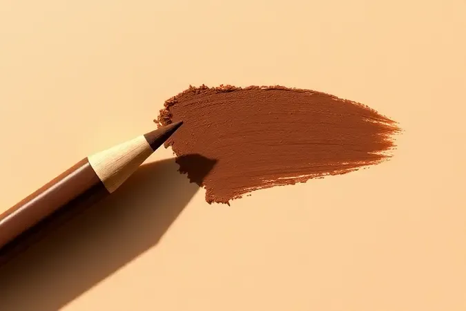 Render 3D de lápis de olho marrom com swatch de pigmento marrom chocolate em superfície neutra.
