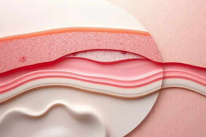 Renderização 3D conceitual de camadas da pele sensível com tons suaves de rosa e marfim ilustrando características da sensibilidade cutânea.