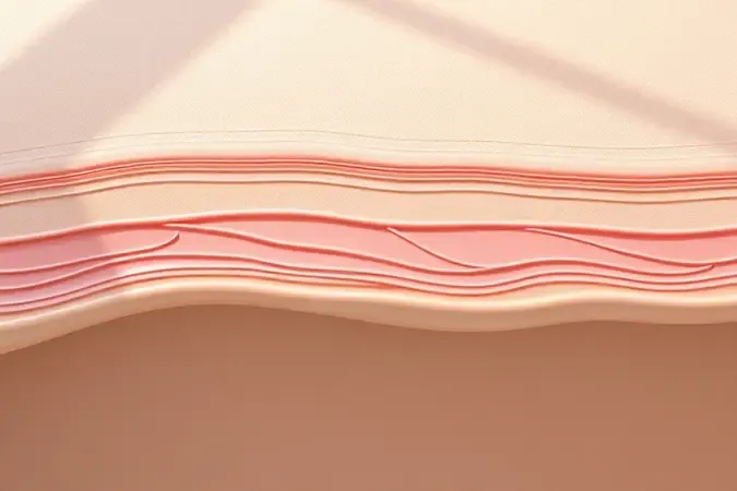 Causas das estrias ilustradas em corte abstrato de camadas da pele com fibras elásticas em 3D