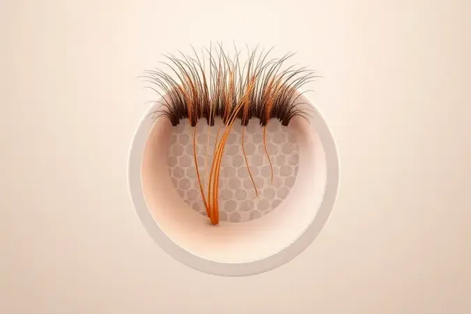 Render 3D conceitual de anatomia do folículo capilar mostrando fios saudáveis e finos em visualização científica limpa