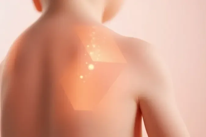 Render 3D conceitual representando odor corporal infantil com formas geométricas translúcidas e vapor suave em tons de pêssego.