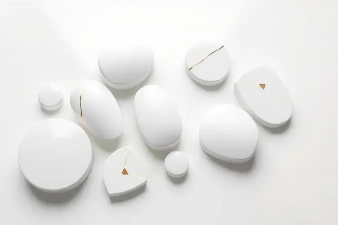 Composição conceitual 3D com formas geométricas brancas e detalhes dourados representando nail art criativa.