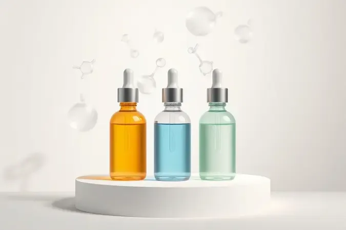Render 3D de três frascos de sérum representando retinol, ácido hialurônico e antioxidantes