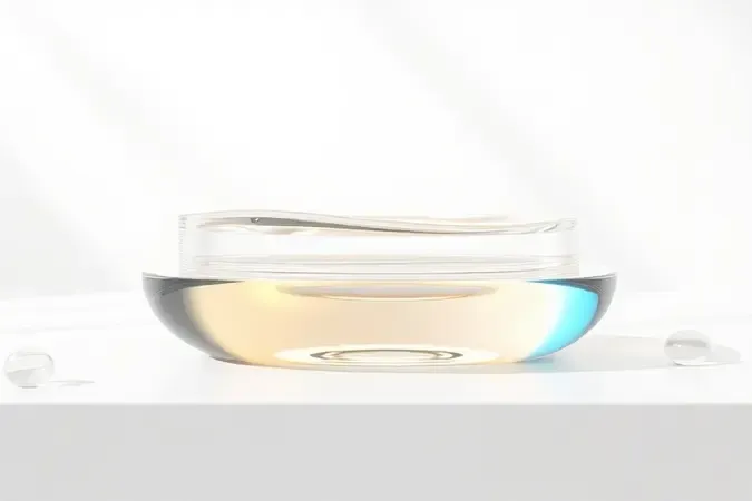 Renderização 3D conceitual de camadas translúcidas de hidratante e protetor solar representando rotina de skincare para pele acneica