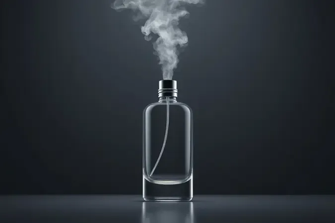 Frasco conceitual de perfume liberando uma névoa fina ilustrando a aplicação correta.