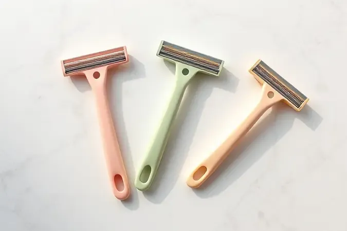 Composição 3D com três barbeadores femininos de designs variados sobre mármore, ilustrando como escolher o modelo ideal