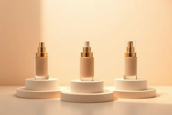 Render 3D de frascos de base sem marca em pedestais para escolha do produto ideal