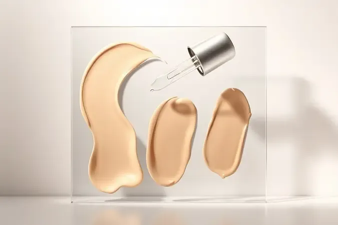 Render 3D de amostras de base em tons neutros com conta-gotas liberando uma gota sobre painel de vidro limpo e iluminação suave.