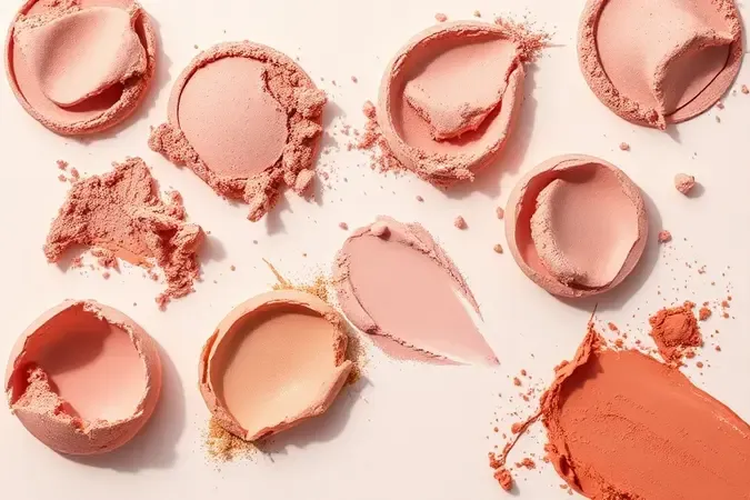 Swatches de blush em pó em tons de rosa, pêssego e coral para diferentes tipos de pele