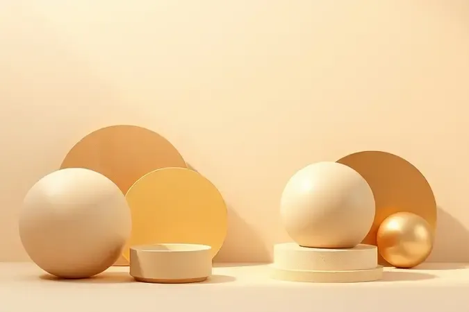 Composição 3D minimalista com formas abstratas em tons dourados representando critérios para escolha do bronzeador ideal