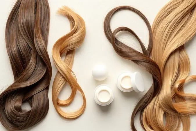 Fios de cabelo de diferentes texturas ao lado de frascos de condicionador sem rótulo em cena 3D clean.