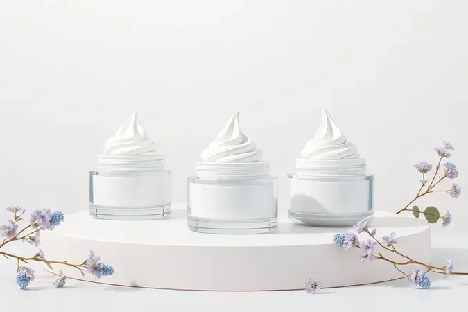 Composição conceitual 3D com potes de creme sem rótulo e textura cremosa para escolha do hidratante capilar.
