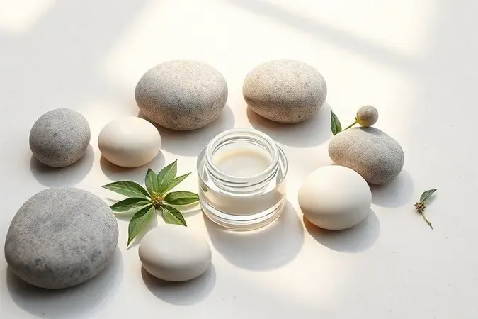 Render 3D de pedras lisas e frasco de vidro representando escolha de esfoliante facial