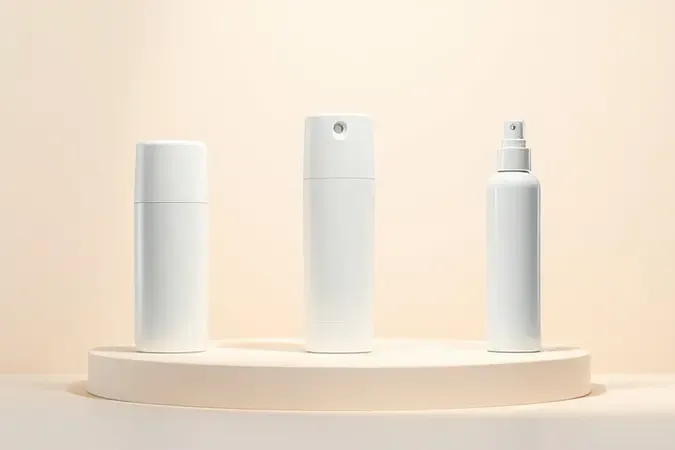Três formatos de desodorante sem marca em render 3D conceitual com tons neutros e verdes suaves