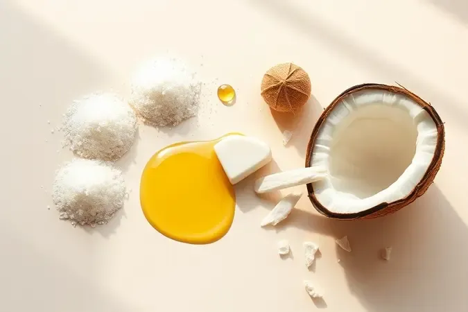 Composição 3D minimalista com ingredientes naturais para esfoliação labial como açúcar, óleos e manteigas.