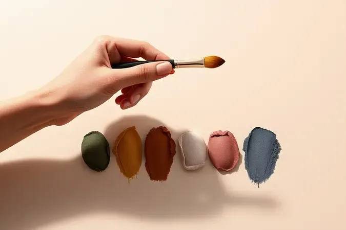 Composição conceitual 3D com pincel de maquiagem sobre swatches de pigmentos em diferentes acabamentos para ajudar na escolha da paleta ideal.