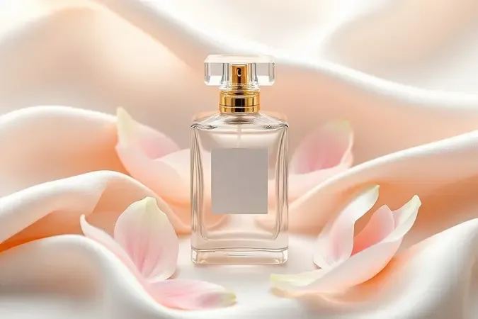 Render 3D conceitual de frasco de perfume sem marca com pétalas translúcidas para escolher assinatura