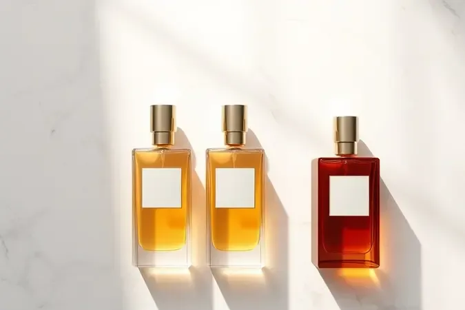 Três frascos de perfume conceituais em diferentes tons quentes sobre superfície de mármore representando a escolha ideal.