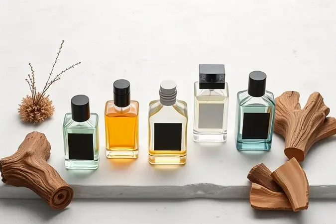Render 3D conceitual mostrando frascos de perfume e amostras de madeira para escolha de fragrância amadeirada.