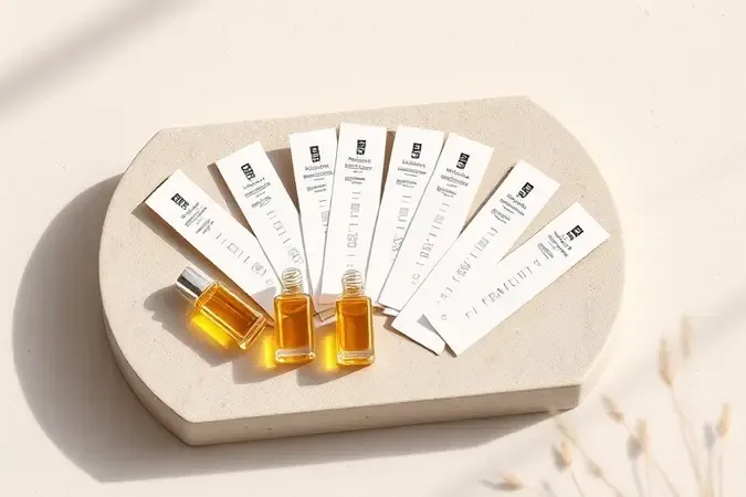 Tiras olfativas e frascos de amostra de perfume sem marca em arranjo minimalista para escolha de fragrância