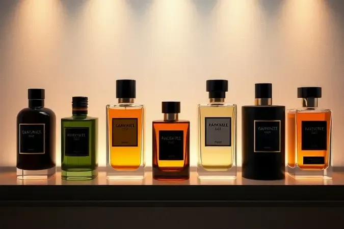 Render 3D conceitual de diferentes frascos de perfume masculino sem marca para escolha conforme a ocasião.