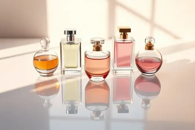 Ilustração conceitual 3D representando o processo de escolha de um perfume feminino nacional com elementos de fragrância em composição minimalista
