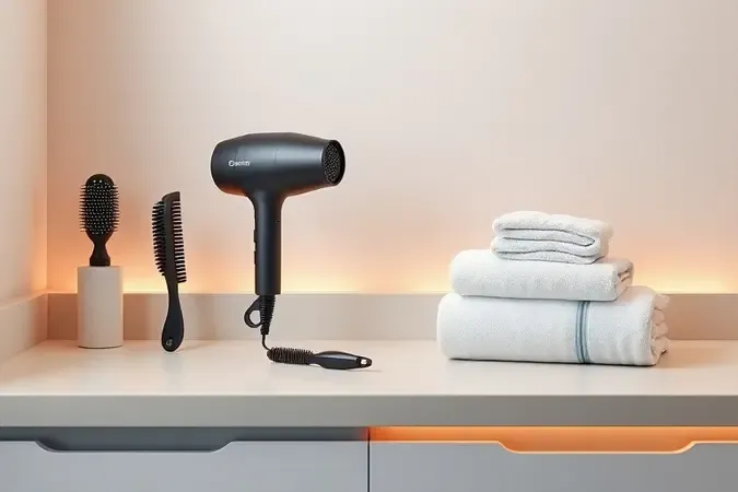 Secador de cabelo genérico sem marca em composição 3D limpa com escova e toalhas sobre superfície neutra