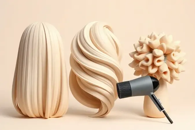 Render 3D conceitual de três texturas capilares distintas com bicos de secador sem marca, ilustrando a escolha ideal por tipo de cabelo