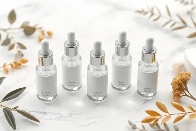 Frascos de sérum sem rótulo sobre superfície de mármore em render 3D conceitual