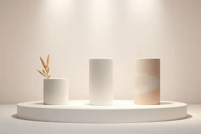 Objetos abstratos sem marca representando critérios de escolha de shampoo a seco em render 3D minimalista