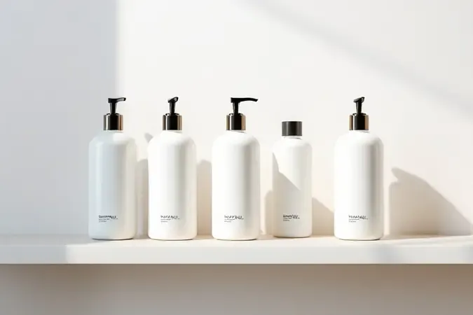 Render 3D de prateleira com frascos de shampoo anticaspa genéricos e minimalistas