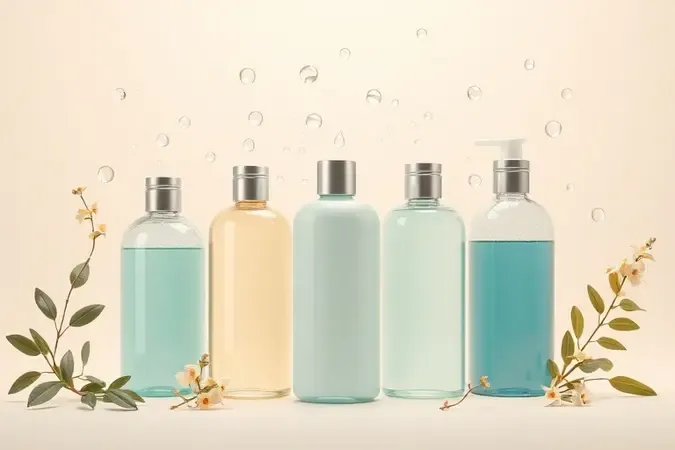 Render 3D de frascos de shampoo genéricos com gotas de água e elementos botânicos para escolha do produto