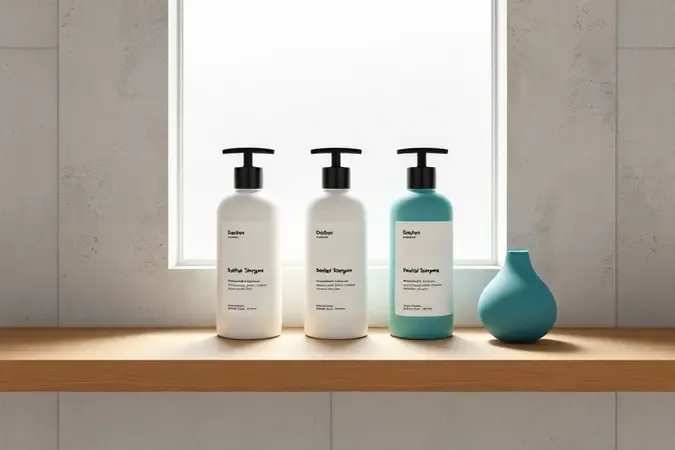 Renderização 3D de frascos de shampoo sem rótulo em prateleira minimalista para escolha de produto