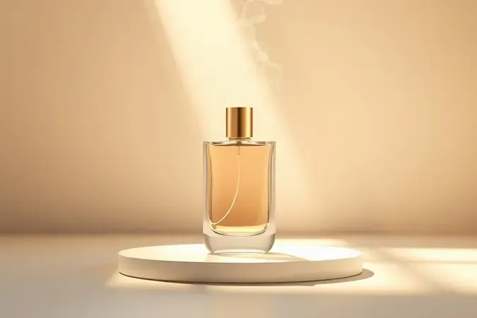 Render 3D conceitual de perfume sem marca com gotículas suspensas representando fixação duradoura na pele.