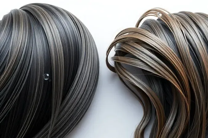 Comparação conceitual 3D entre fios de cabelo secos e hidratados com gotas de água.