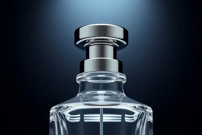 Detalhe em 3D de frasco de perfume premium com acabamento sofisticado e vidro lapidado.