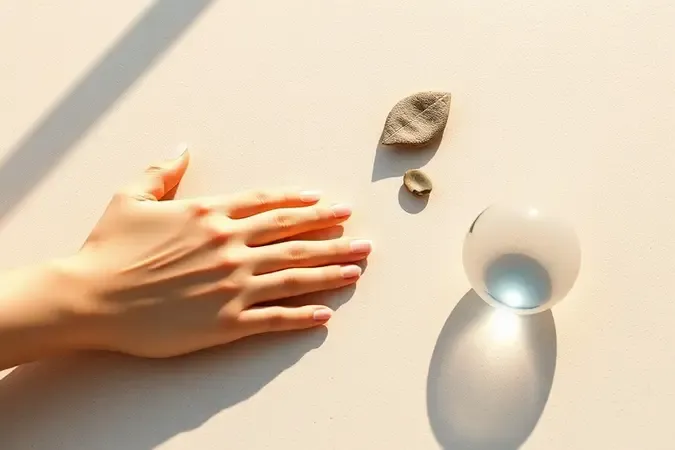Render 3D conceitual de mãos com unhas saudáveis e elementos de autocuidado representando disciplina e transformação pessoal.