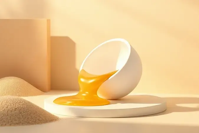 Render 3D mostrando frasco minimalista inclinado com substância dourada fluindo representando modo de usar o bronzeador.