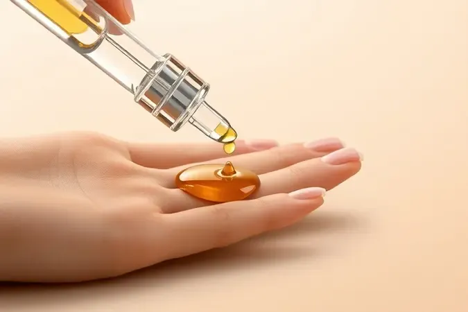 Demonstração conceitual 3D de como aplicar óleo secante sobre esmalte de unha com frasco conta-gotas.