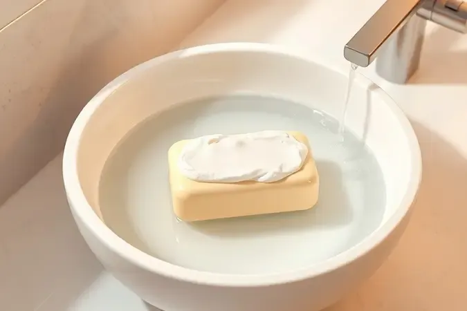 Render 3D de rotina de limpeza facial com espuma suave e água em lavatório minimalista