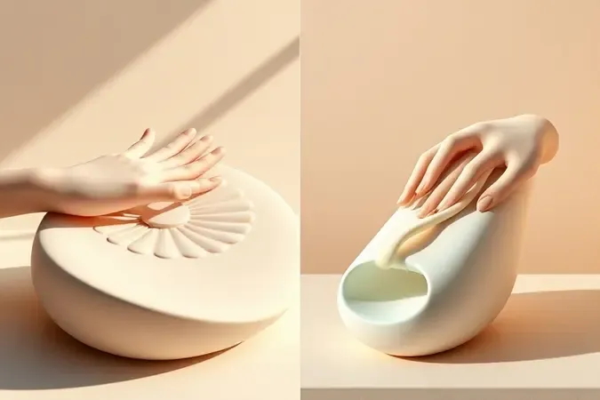 Render 3D conceitual mostrando mão de cerâmica aplicando espuma e creme representando técnica correta de uso de shampoo e condicionador.